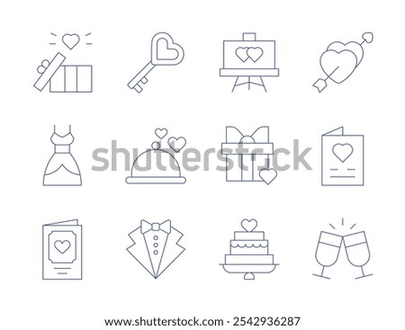 Wedding icons. Thin Line style, editable stroke. gift, greeting card, key, menu, suit, cake, marriage, dress, invitation, gift box.