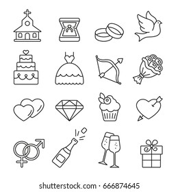 Wedding icons: thin monochrome icon set, black and white kit