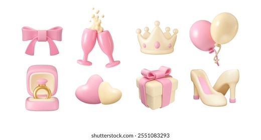 Wedding icons vector 3d set. Design elements collection, balloons, champagne, gift and ribbon bow in pink and white isolated. Hearts and engagement ring, bride diadem and shoes