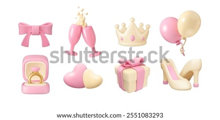 Wedding icons vector 3d set. Design elements collection, balloons, champagne, gift and ribbon bow in pink and white isolated. Hearts and engagement ring, bride diadem and shoes
