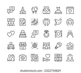 Wedding icons. Vector line icons set. Marriage, wedding ring, bride and groom, love concepts. Black outline stroke symbols