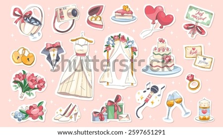 Wedding icons vector set. Marriage accessory for ceremony. Engagement items for bride and groom celebration. Tuxedo and dress, ring, flower, camera, cake, sign, altar, invitation, candle, champagne.