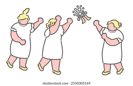 Wedding illustration with bouquet toss and attendees