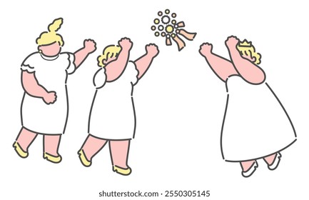 Wedding illustration of bride and attendees tossing bouquet