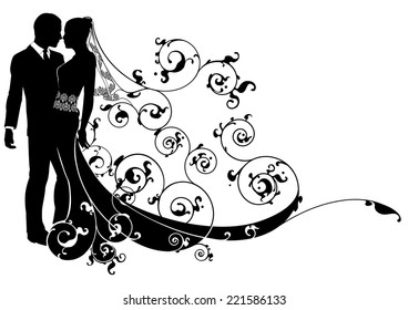 A wedding illustration of a bride and groom dancing or about to kiss