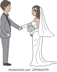 Wedding illustration, bride and groom facing each other and holding hands