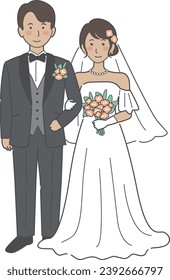 Wedding illustration, bride and groom facing front with arms crossed