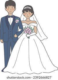 Wedding illustration, bride and groom facing front with arms crossed