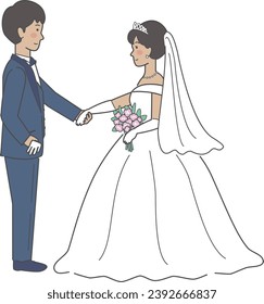 Wedding illustration, bride and groom facing each other and holding hands