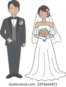 Wedding illustration, bride and groom lined up facing the front