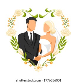Wedding illustration of bride and groom. Married cute couple.