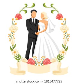 Wedding illustration of bride and groom. Married cute couple.