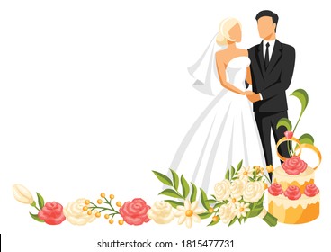 Wedding illustration of bride and groom. Married cute couple.