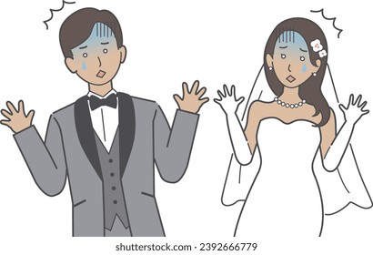 Wedding illustration, the bride and groom are shocked with their arms outstretched