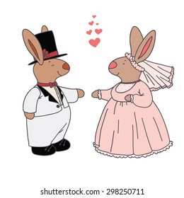 Wedding illustration with cute cartoon rabbits.  Greeting card or invitation. Vector illustration.