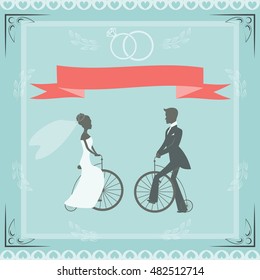 Wedding illustration for greetings . Retro illustration of a newly-married couple .