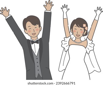 Wedding illustration, happy bride and groom doing banzai