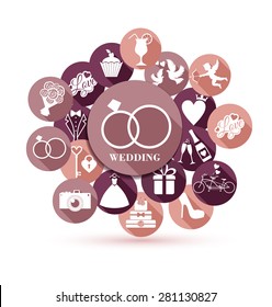 Wedding illustration of invitation with icons. Flat design.
