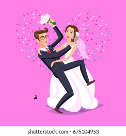 wedding illustration. Just married funny couple, bride and groom dance from after wedding ceremony pink background heart vector art