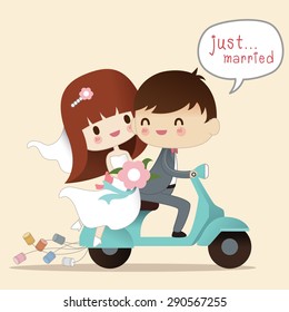 Wedding illustration. Just married. Groom and bride on the motorcycle ,Vector illustration