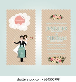 Wedding illustration. Just married. Groom and bride on the motorcycle .  Cute Wedding invitation cards for couple   ,Vector illustration