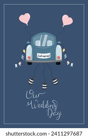 Wedding illustration with newlyweds car on blue background. Can be used for posters, wedding invitations, etc.