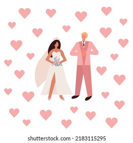 Wedding illustration of newlyweds in hearts. vector illustration