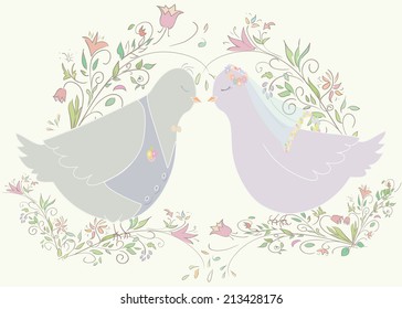 wedding illustration of pair pigeons. Can be used as template for card or invitation. Vector illustration