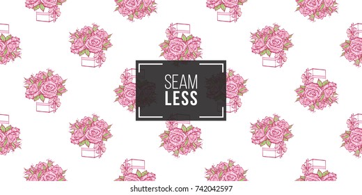 Wedding illustration, seamless pattern with bouquet of roses. Vector fashion backdrop in watercolor style, isolated elements on white background.