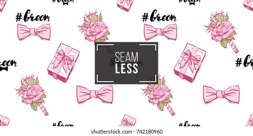 Wedding illustration, seamless pattern with bow tie, gift box with bow, groom hashtag, rose boutonniere. Vector fashion backdrop in watercolor style, isolated elements on white background.