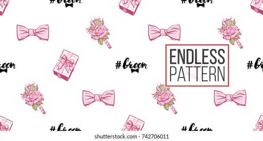 Wedding illustration, seamless pattern with bow tie, gift box with bow, groom hashtag, rose boutonniere. Vector fashion backdrop in watercolor style, isolated elements on white background.