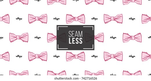 Wedding illustration, seamless pattern with bow tie and groom hashtag. Vector fashion backdrop in watercolor style, isolated elements on white background.
