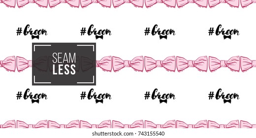 Wedding illustration, seamless pattern with bow tie and groom hashtag. Vector fashion backdrop in watercolor style, isolated elements on white background.