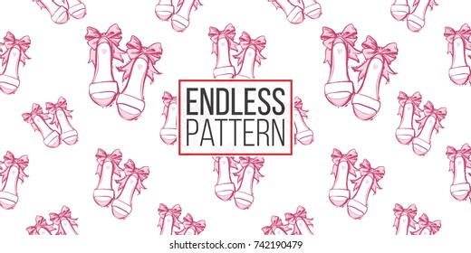 Wedding illustration, seamless pattern with bride shoes. Vector fashion backdrop in watercolor style, isolated elements on white background.