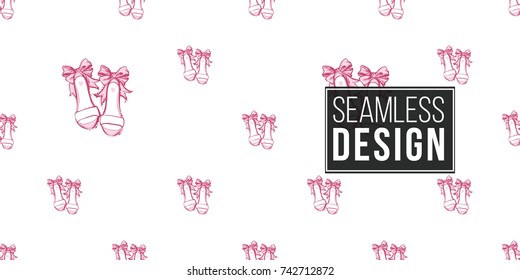 Wedding illustration, seamless pattern with bride shoes. Vector fashion backdrop in watercolor style, isolated elements on white background.