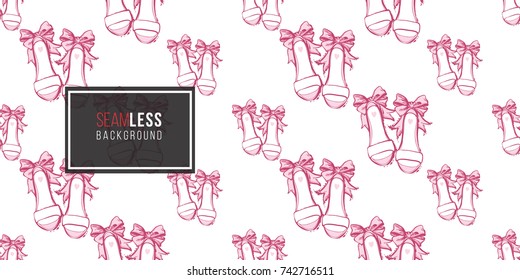 Wedding illustration, seamless pattern with bride shoes. Vector fashion backdrop in watercolor style, isolated elements on white background.