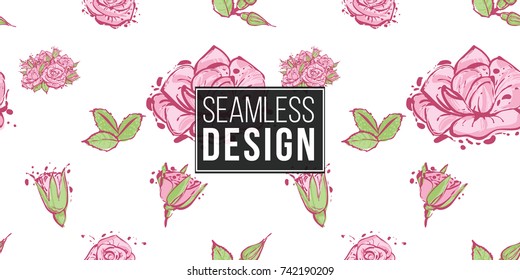 Wedding illustration, seamless pattern with buds of roses, rose flowers, bouquets, rosebuds, green leaves. Vector fashion backdrop in watercolor style, isolated elements on white background.