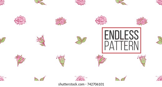 Wedding illustration, seamless pattern with buds of roses, rose flowers, bouquets, rosebuds, green leaves. Vector fashion backdrop in watercolor style, isolated elements on white background.