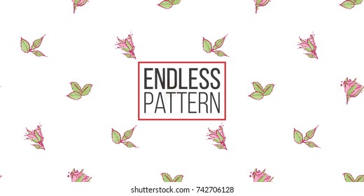 Wedding illustration, seamless pattern with buds of roses, young rose flower, green leaves. Vector fashion backdrop in watercolor style, isolated elements on white background.