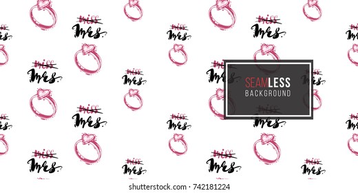 Wedding illustration, seamless pattern with engagement ring composition. Vector fashion backdrop in watercolor style, isolated elements on white background.