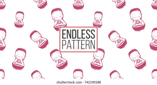 Wedding illustration, seamless pattern with engagement ring box. Vector fashion backdrop in watercolor style, isolated elements on white background.