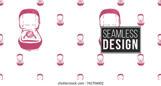 Wedding illustration, seamless pattern with engagement ring box. Vector fashion backdrop in watercolor style, isolated elements on white background.