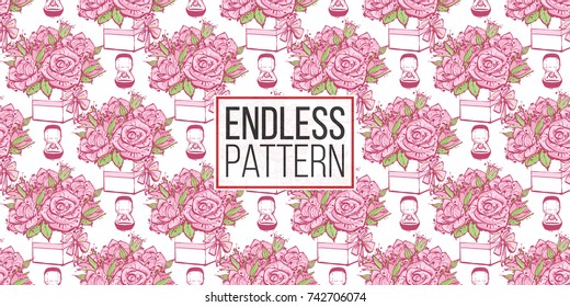 Wedding illustration, seamless pattern with engagement ring box and bouquet of roses. Vector fashion backdrop in watercolor style, isolated elements on white background.