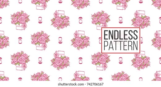 Wedding illustration, seamless pattern with engagement ring box and bouquet of roses. Vector fashion backdrop in watercolor style, isolated elements on white background.