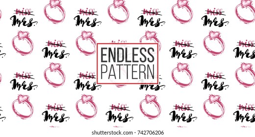 Wedding illustration, seamless pattern with engagement ring composition. Vector fashion backdrop in watercolor style, isolated elements on white background.