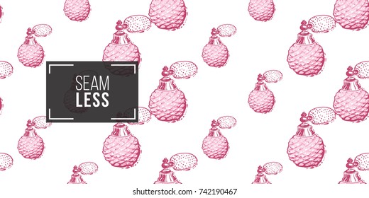 Wedding illustration, seamless pattern with French perfume. Vector fashion backdrop in watercolor style, isolated elements on white background.