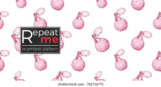 Wedding illustration, seamless pattern with French perfume. Vector fashion backdrop in watercolor style, isolated elements on white background.