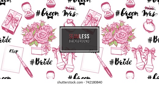 Wedding illustration, seamless pattern with gift box bow, engagement ring, groom and bride hashtags, bride shoes, bouquet of roses, fountain pen. Vector fashion backdrop in watercolor style.