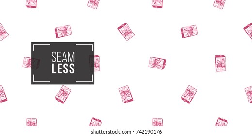Wedding illustration, seamless pattern with gift box with bow. Vector fashion backdrop in watercolor style, isolated elements on white background.