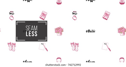 Wedding illustration, seamless pattern with gift box bow, engagement ring, groom and bride hashtags, bride shoes, bouquet of roses, fountain pen. Vector fashion backdrop in watercolor style.